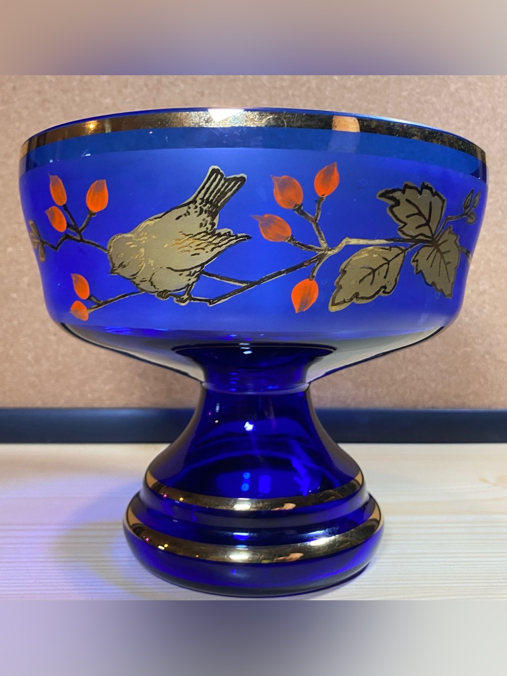 Bohemia Glass Czechoslovakia Gold Blue Pedestal Bowl Hand Painted Bird Berries